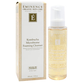 Eminence Kombucha Microbiome Foaming Cleanser bottle emphasizes microbiome-friendly skin care.