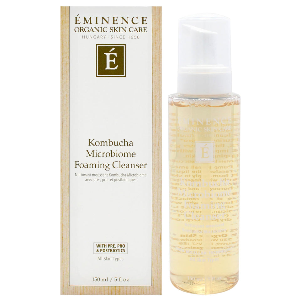 Eminence Kombucha Microbiome Foaming Cleanser bottle demonstrates gentle cleansing for all skin types.