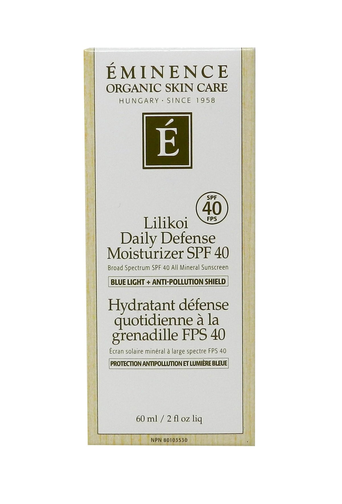 Eminence Lilikoi SPF 40 bottle back view with label details