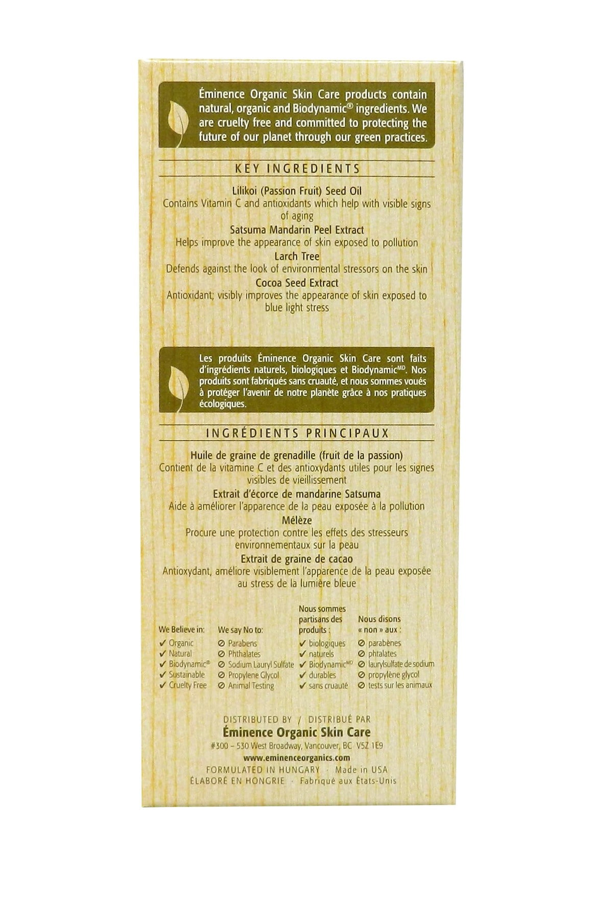 Eminence Lilikoi SPF 40 ingredients featuring zinc oxide and aloe
