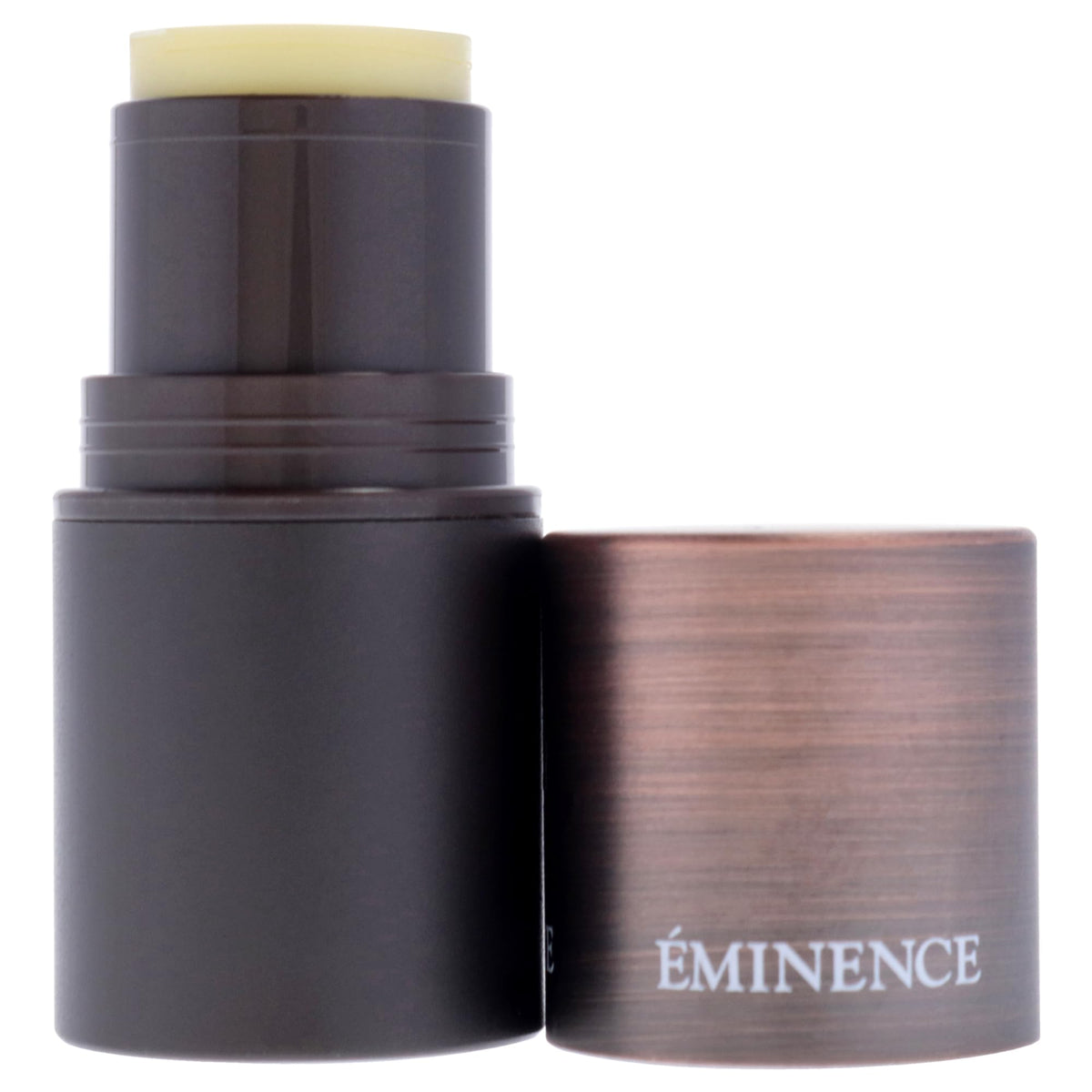 Close-up of Eminence lip balm with rosehip oil highlighting soothing, hydrating formula.