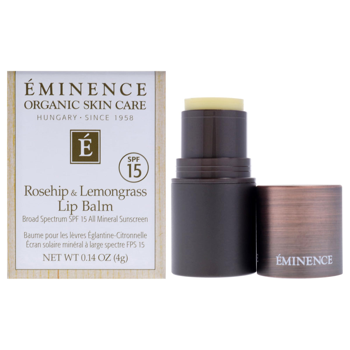 Eminence Rosehip and Lemongrass Lip Balm SPF 15 tube for daily moisture and UV protection.