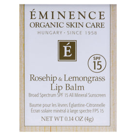 Rosehip oil detail in Eminence lip balm emphasizing nourishing care.