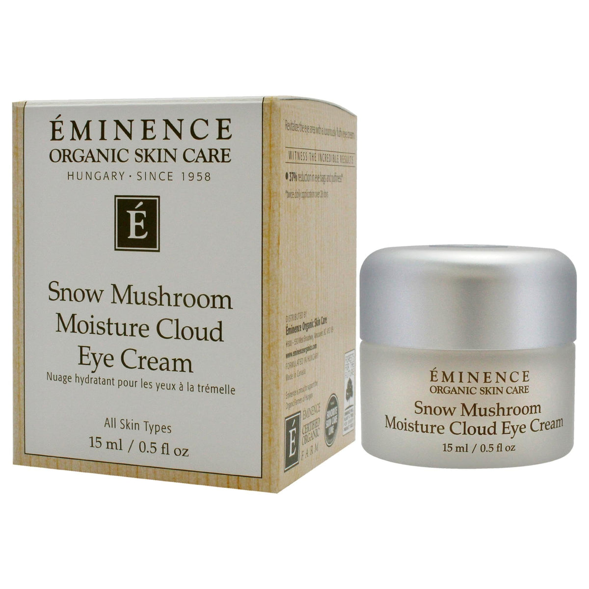 Eminence Snow Mushroom Eye Cream application—silky layer for reducing puffiness and revitalizing the eye contour.