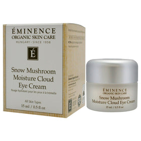 Eminence Snow Mushroom Eye Cream application—silky layer for reducing puffiness and revitalizing the eye contour.