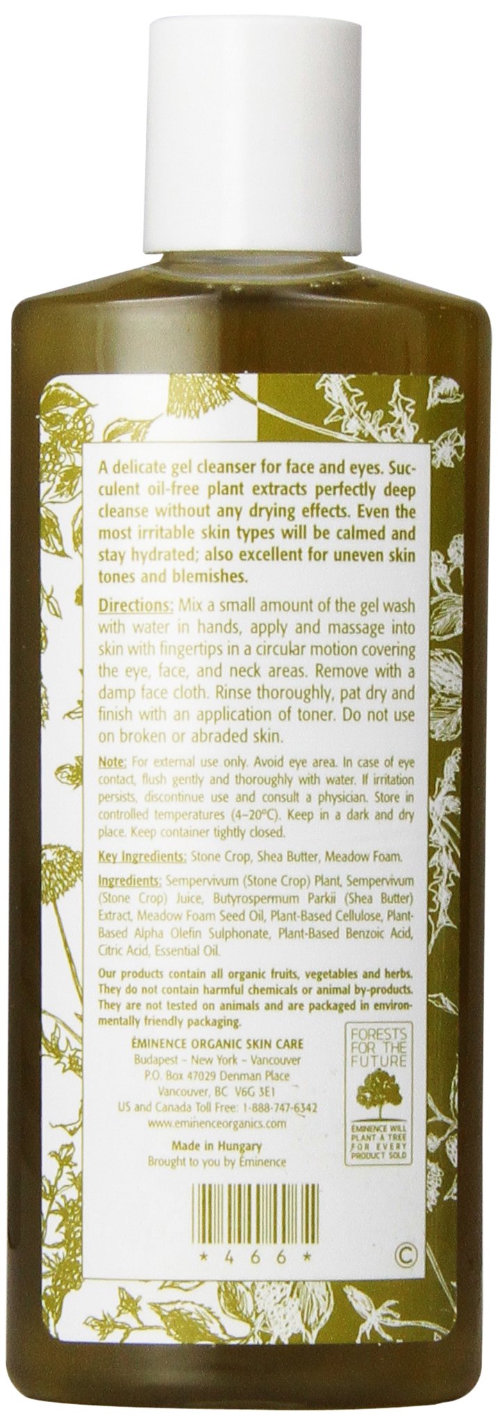 Eminence Stone Crop Gel Wash label close-up, hydrates and balances tone.