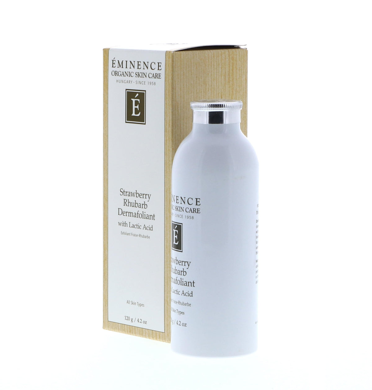 Eminence Strawberry Rhubarb Dermafoliant jar label showcases natural extracts.