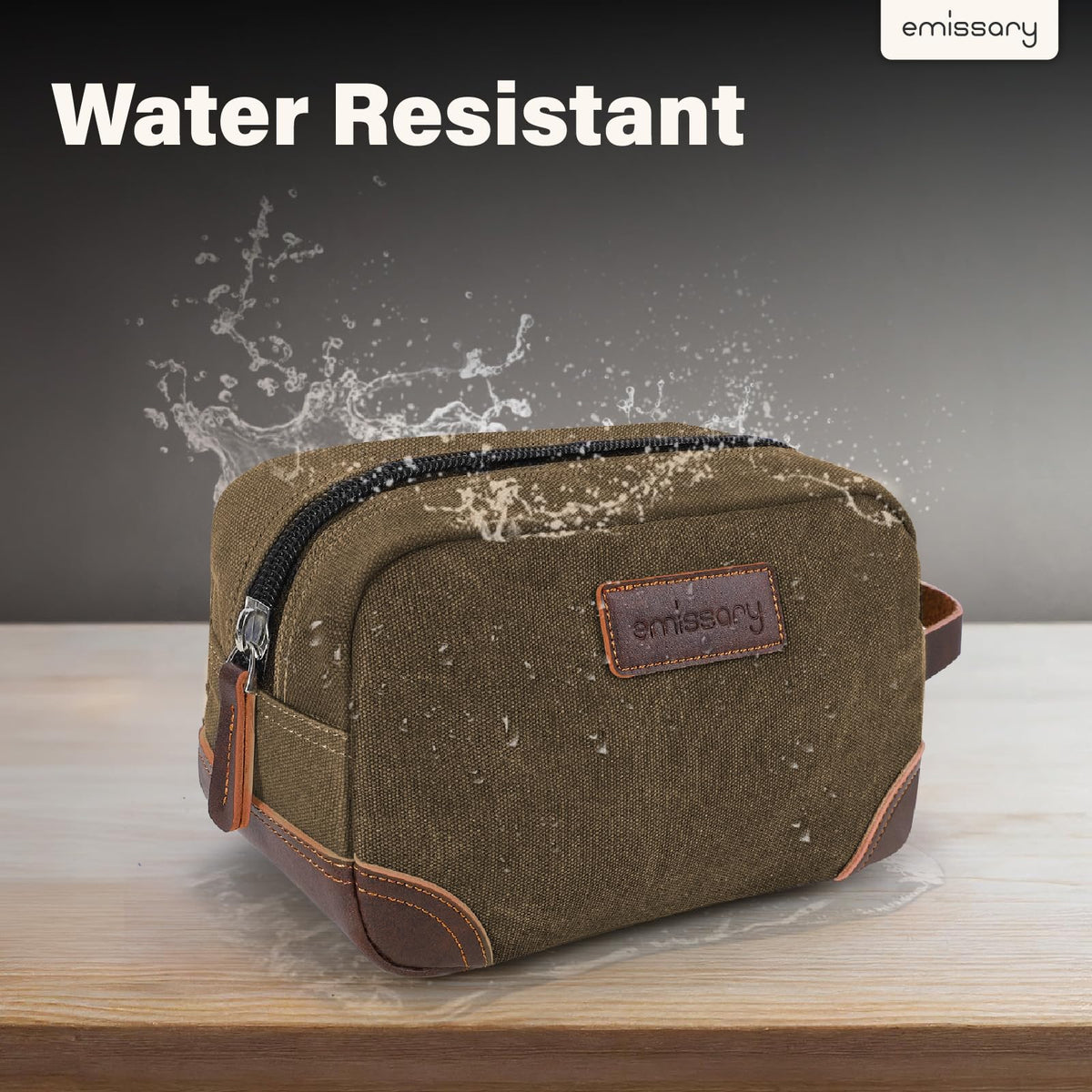 Close-up of canvas and PU leather on the Emissary bag highlighting durable, water-resistant materials.