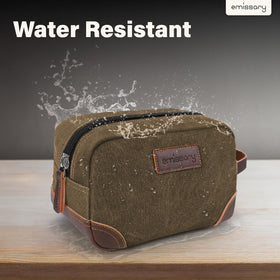 Close-up of canvas and PU leather on the Emissary bag highlighting durable, water-resistant materials.