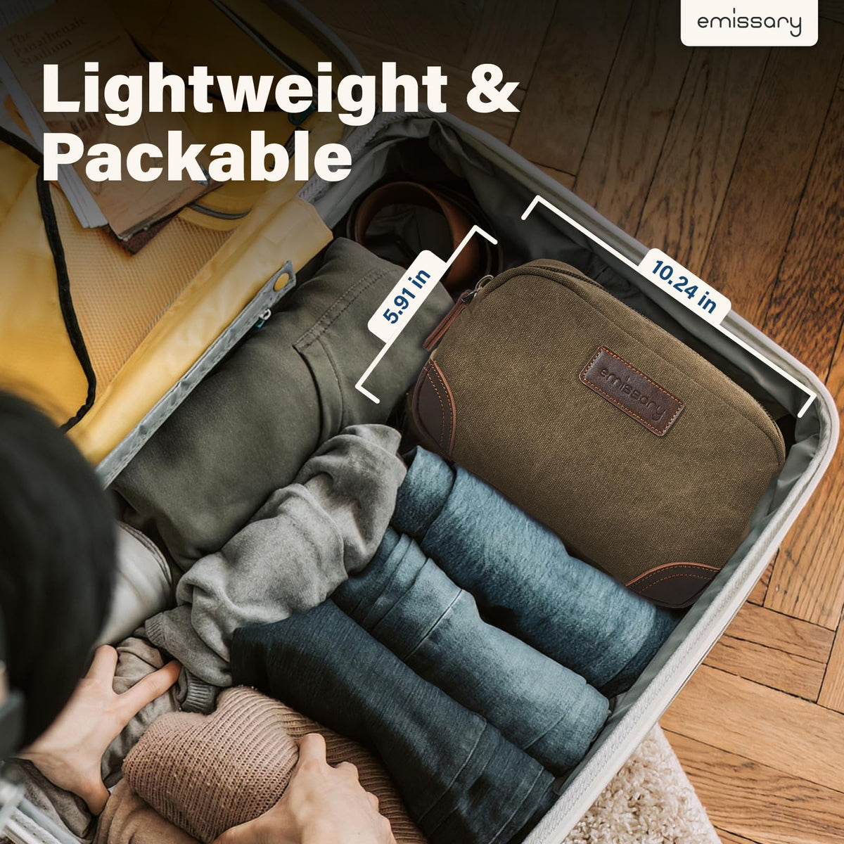 Emissary dimensions 10in L x 6in W x 5in H, roomy yet compact for travel.