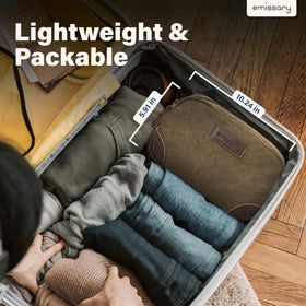 Emissary dimensions 10in L x 6in W x 5in H, roomy yet compact for travel.