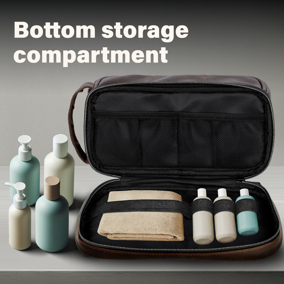 emissary leather travel toiletry bag bottom straps secure toothbrushes and cosmetics