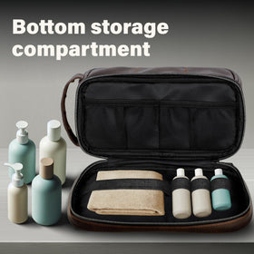 emissary leather travel toiletry bag bottom straps secure toothbrushes and cosmetics