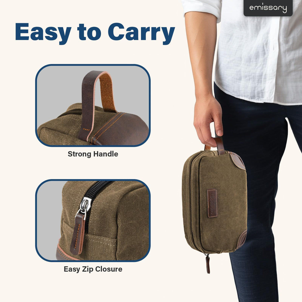 Emissary brown Dopp kit main compartment open, illustrating roomy space for bottles.