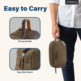 Emissary brown Dopp kit main compartment open, illustrating roomy space for bottles.