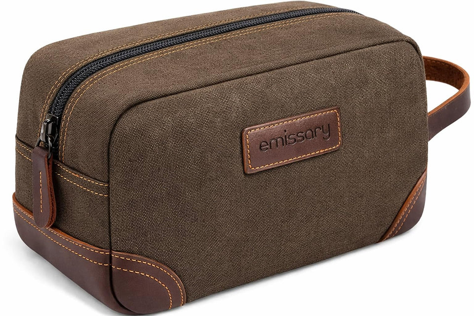emissary toiletry bag front view shows durable leather and canvas for travel organization