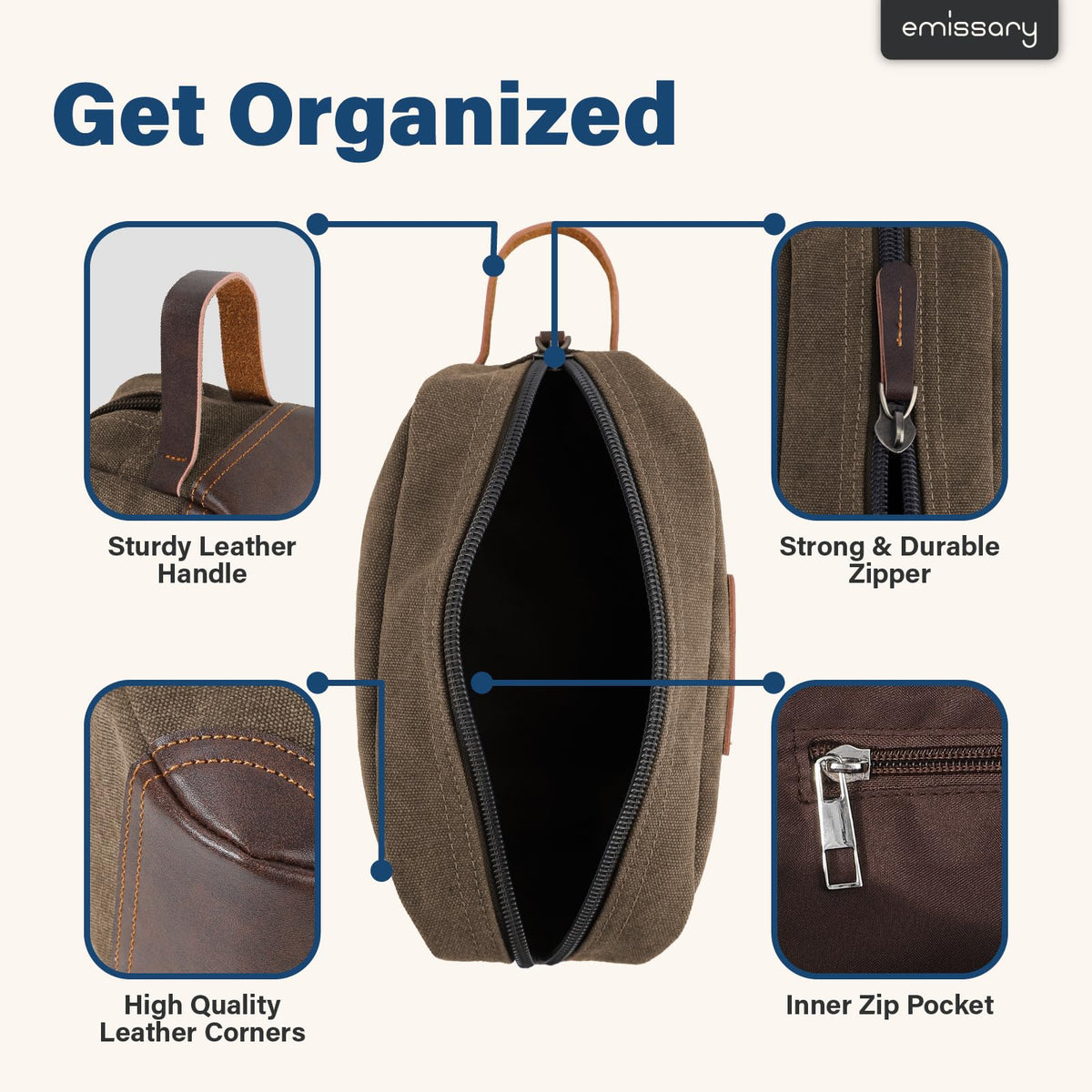 emissary toiletry bag side-handle highlights easy carry on trips
