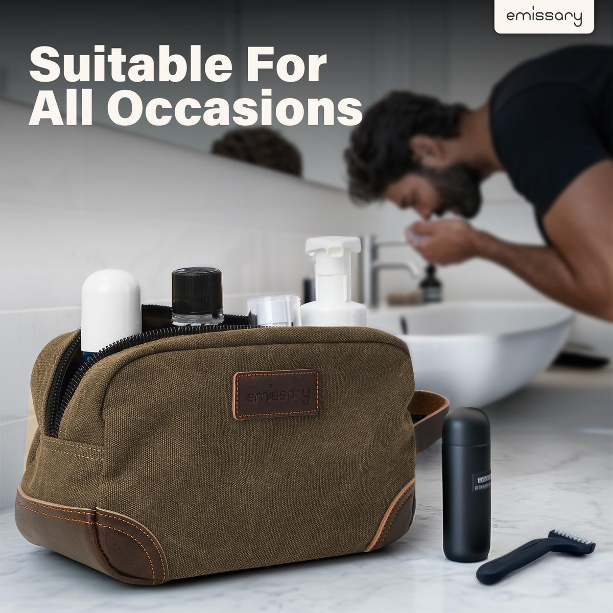 Emissary travel bag in use on a trip, optimized as a carry-on toiletry solution.
