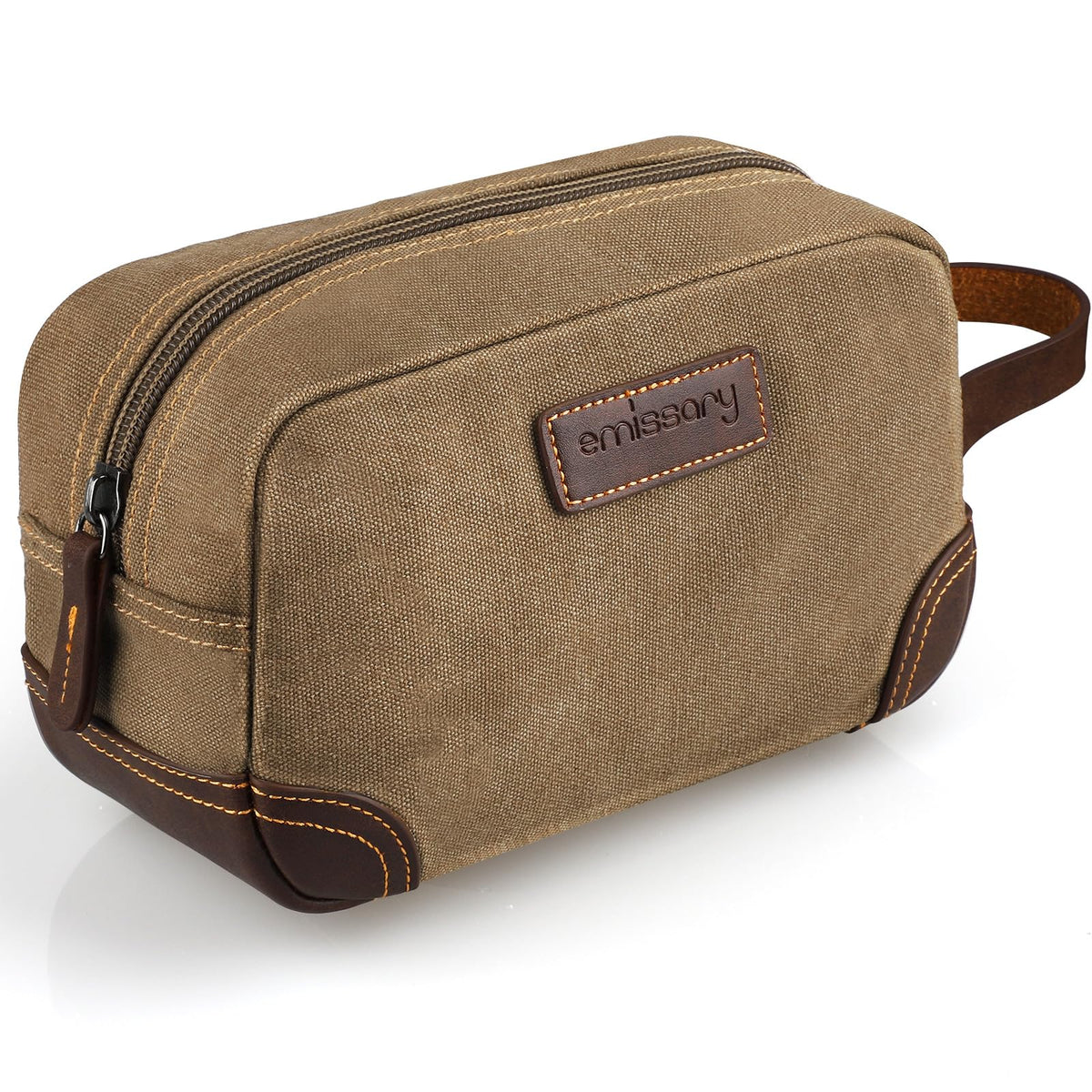 Emissary travel toiletry bag in brown, front view showing rugged canvas and leather trim for organized trips.