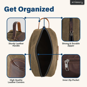 Emissary travel toiletry bag with side PU leather handle for easy carrying during travel.