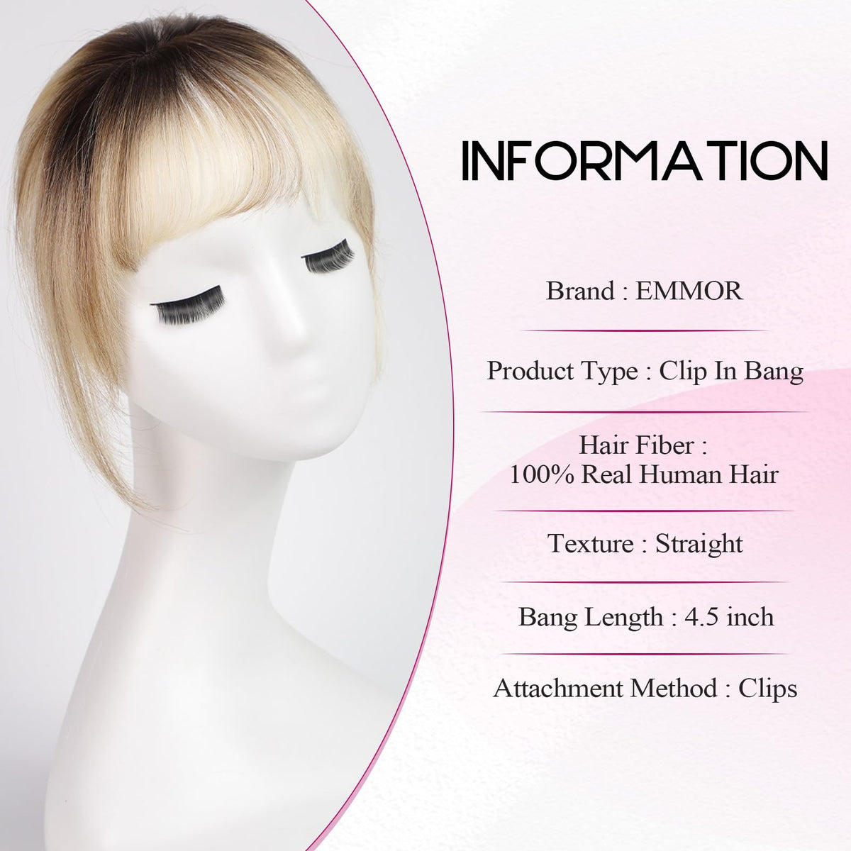 EMMOR clip-in bangs with 360-degree coverage for seamless blend with real hair.