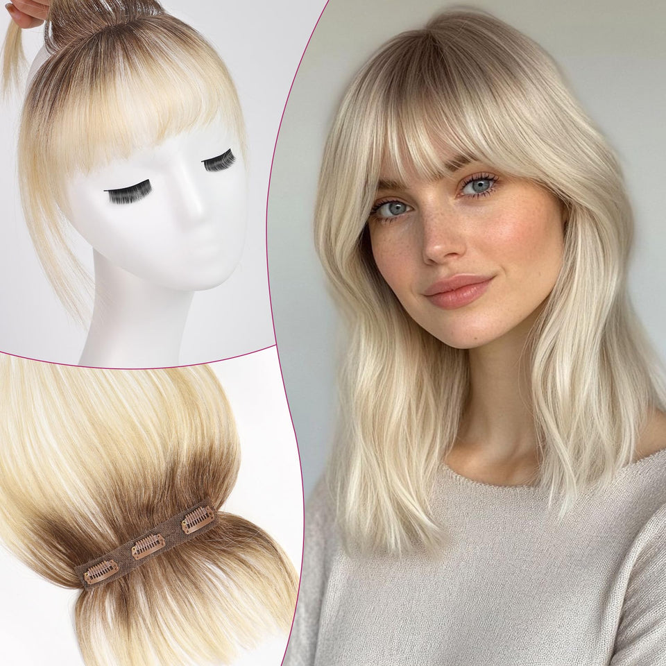 EMMOR Clip-in Bangs 360 top view shows natural scalp-like integration.