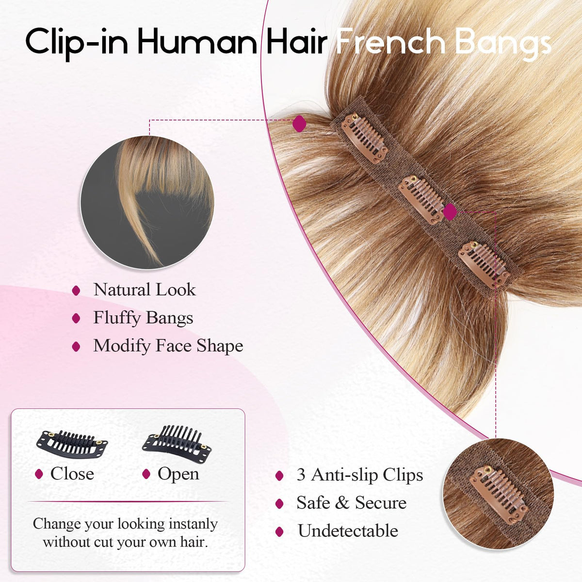 EMMOR Clip-in Bangs clip-on attachment enables quick, effortless wear.