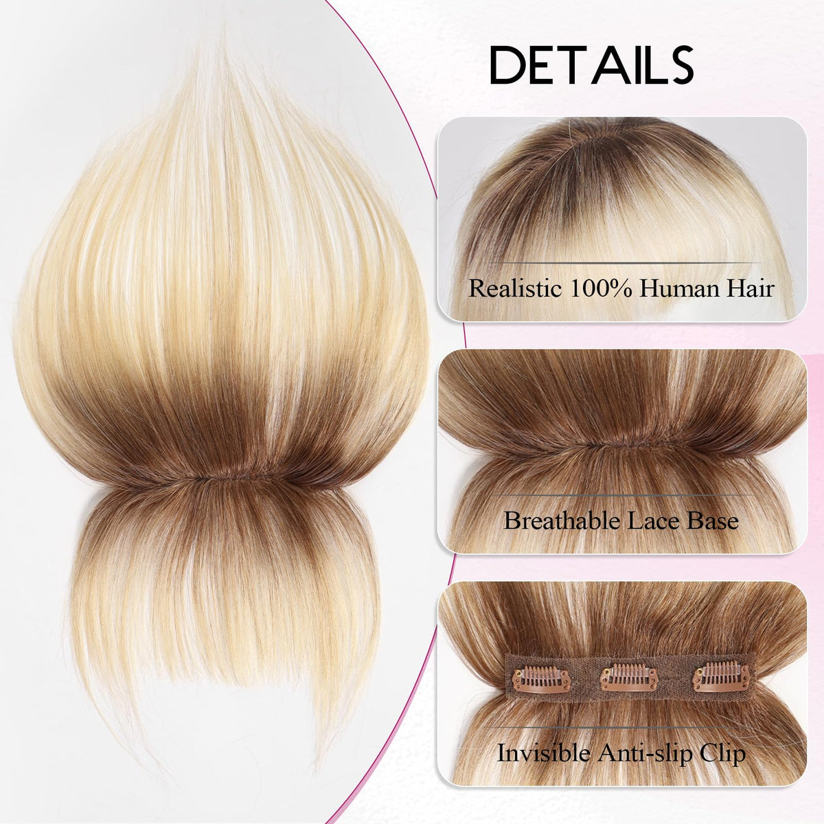 EMMOR Clip-in Bangs ombre light blonde color blend demonstrates versatile styling.