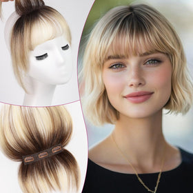 EMMOR clip-in bangs with simulated scalp for natural-looking hairline.