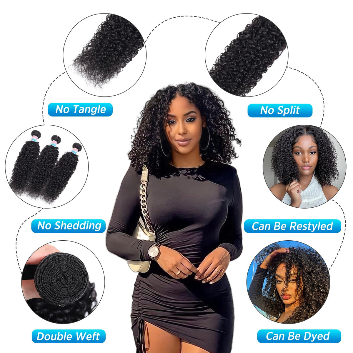 EMOL Kinky Curly Bundles sew-in application close-up, quick install and natural look.