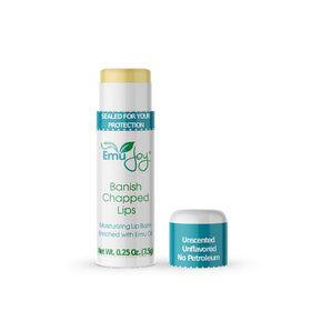 Emu Joy Banish Chapped Lips tube close-up showing rich moisturization for daily use.