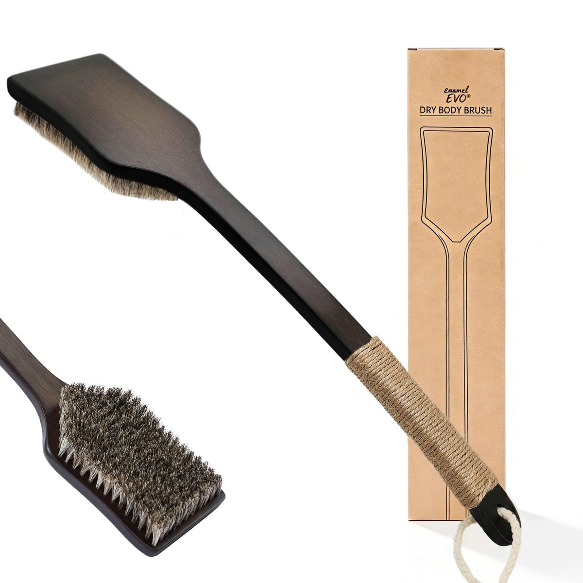EnamelEVO back scrubber curved handle for easy back cleansing.