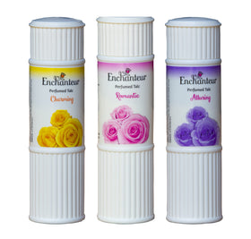 Enchanteur Charming talc powder provides silky skin and floral fragrance.