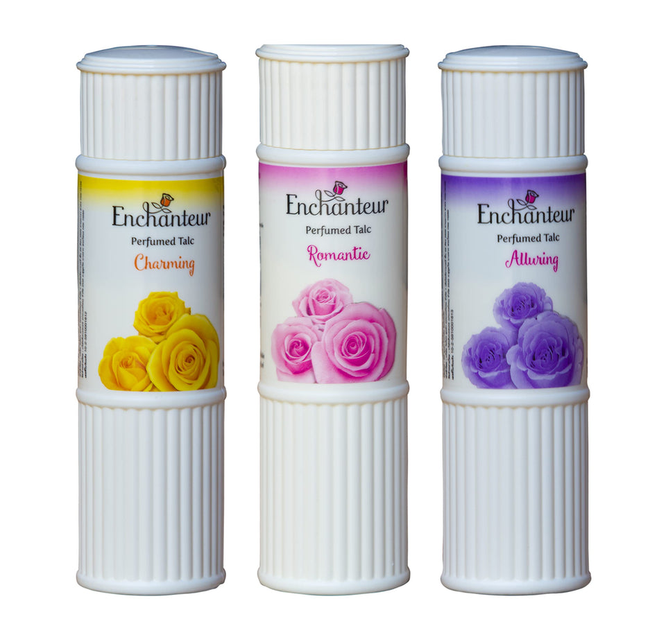 Enchanteur Charming talc powder provides silky skin and floral fragrance.