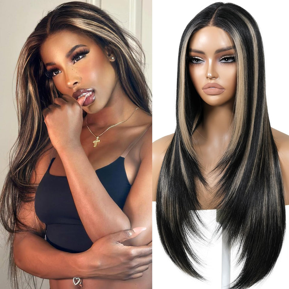ENCOUNTERU Wear and Go wig with bangs and lace front, 26-inch length, lightweight for all-day wear