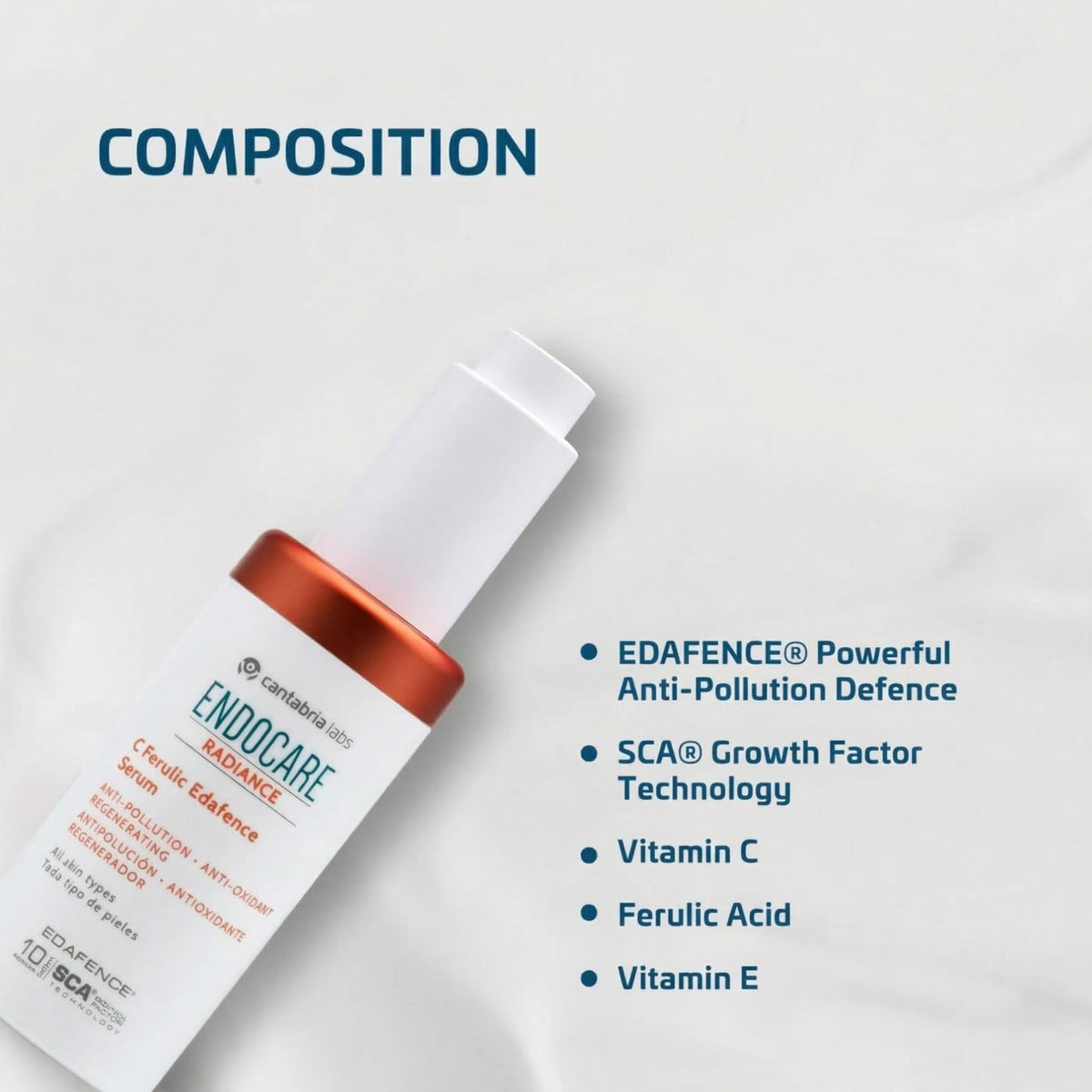 Endocare C Ferulic Edafence Serum dropper applying vitamin C boost to skin.