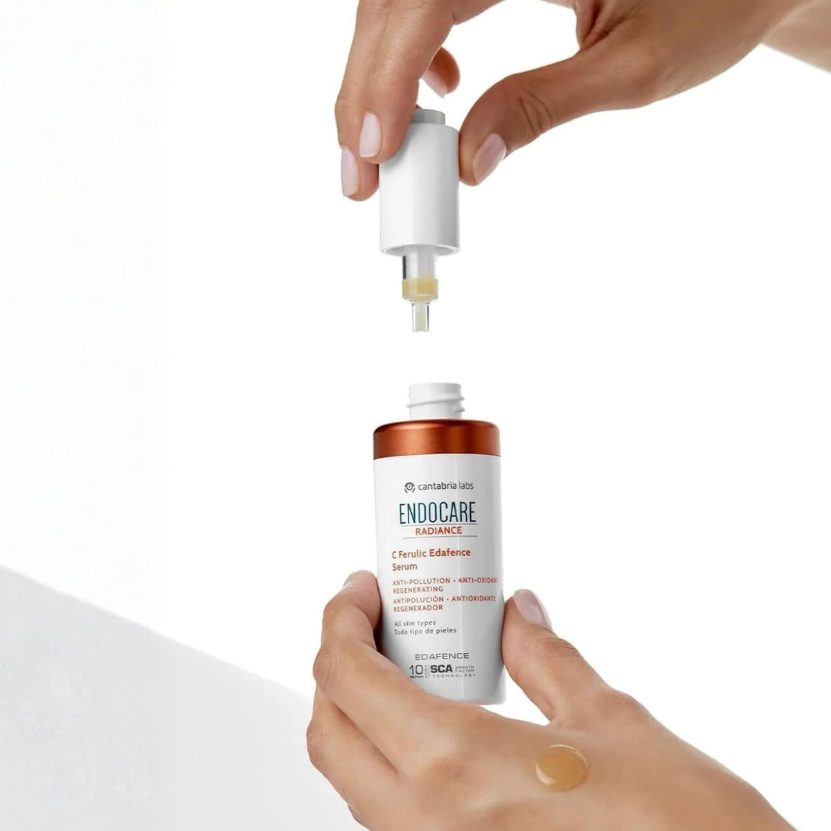 Endocare C Ferulic Edafence Serum packaging shows travel-friendly 30ml size.