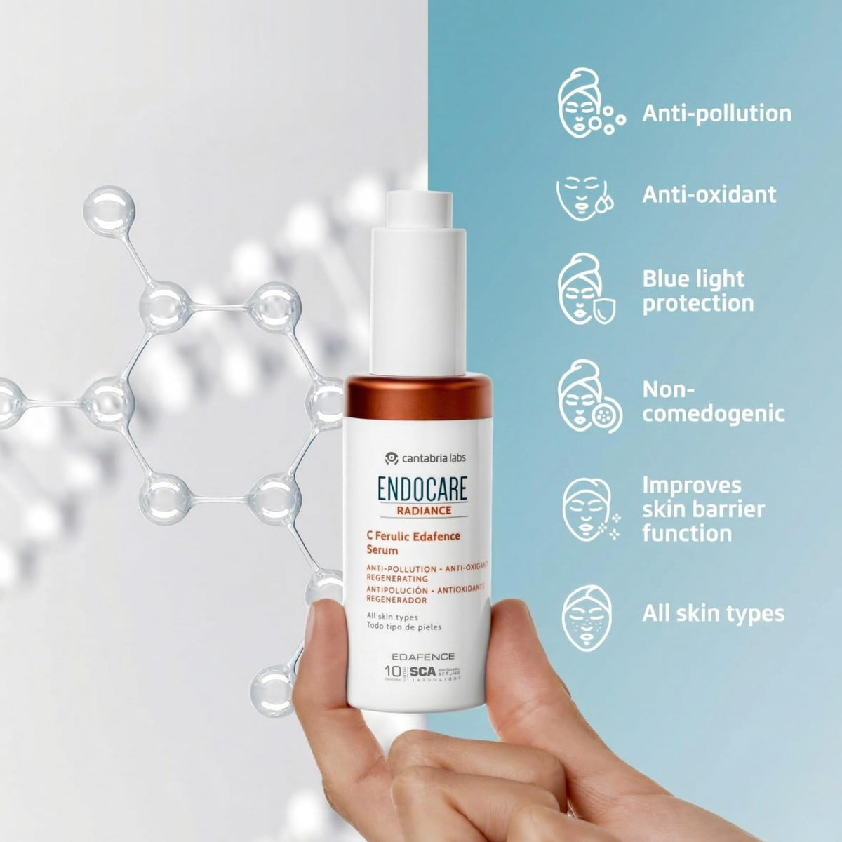 Endocare C Ferulic Edafence Serum texture gliding smoothly on skin for fast absorption.