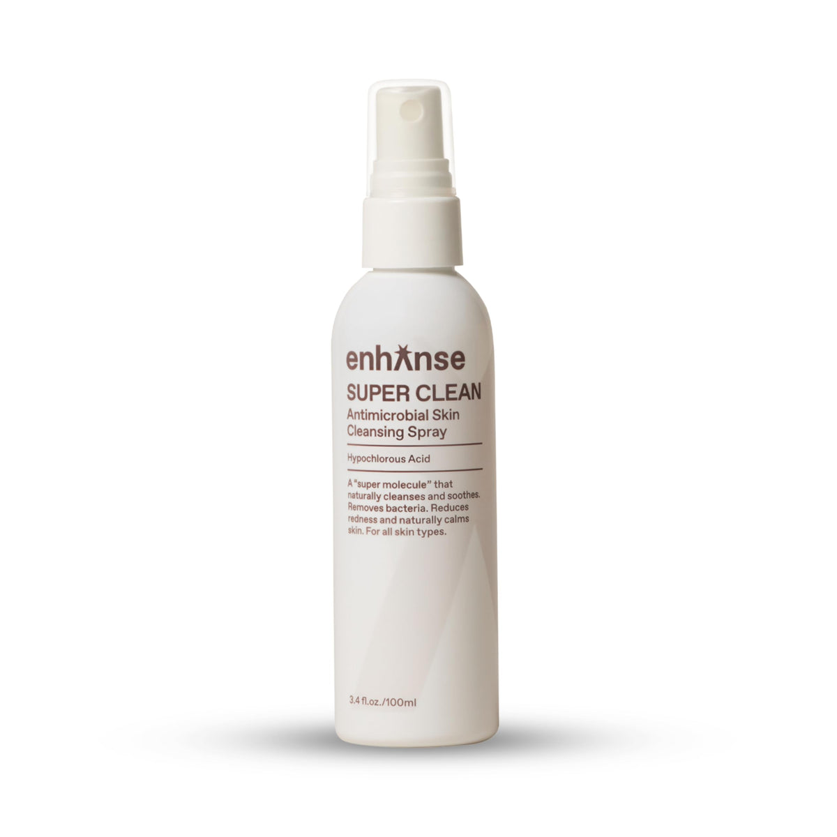 ENHANSE Super Clean spray bottle close-up for quick, no-rinse skin cleansing.