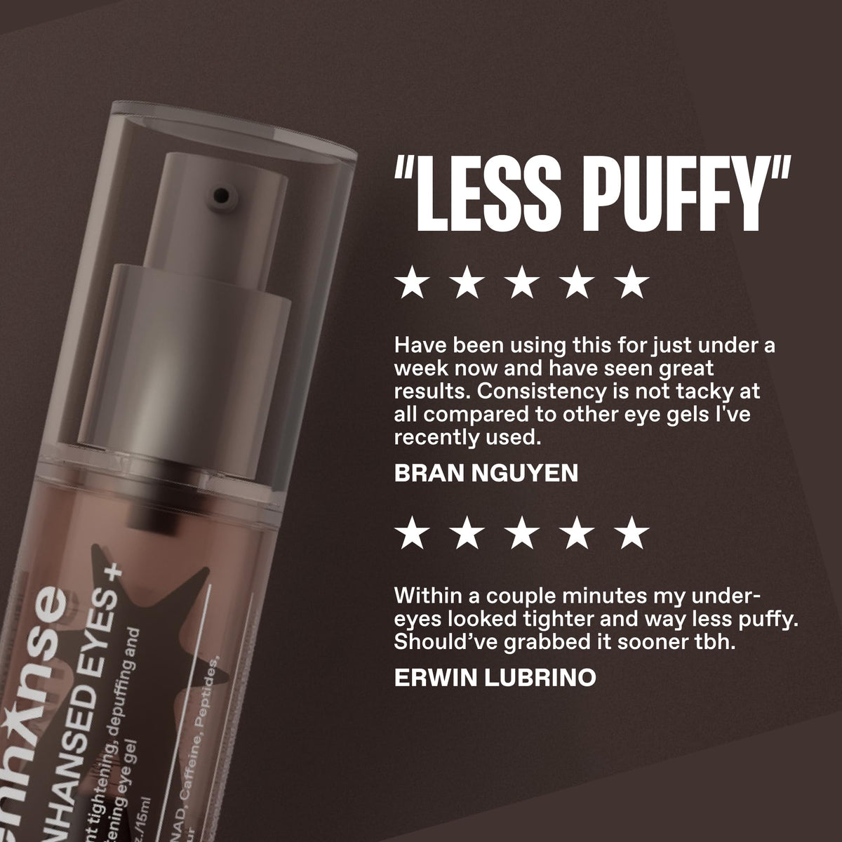 Enhanse Under Eye Gel travel size highlights portable 0.5 fl oz bottle for trips.