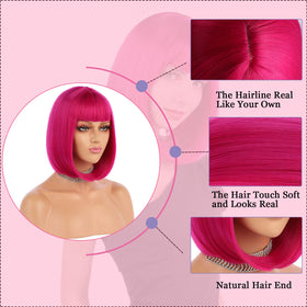 eNilecor Rose Hot Pink 12-inch short bob wig adjustable straps for secure fit.