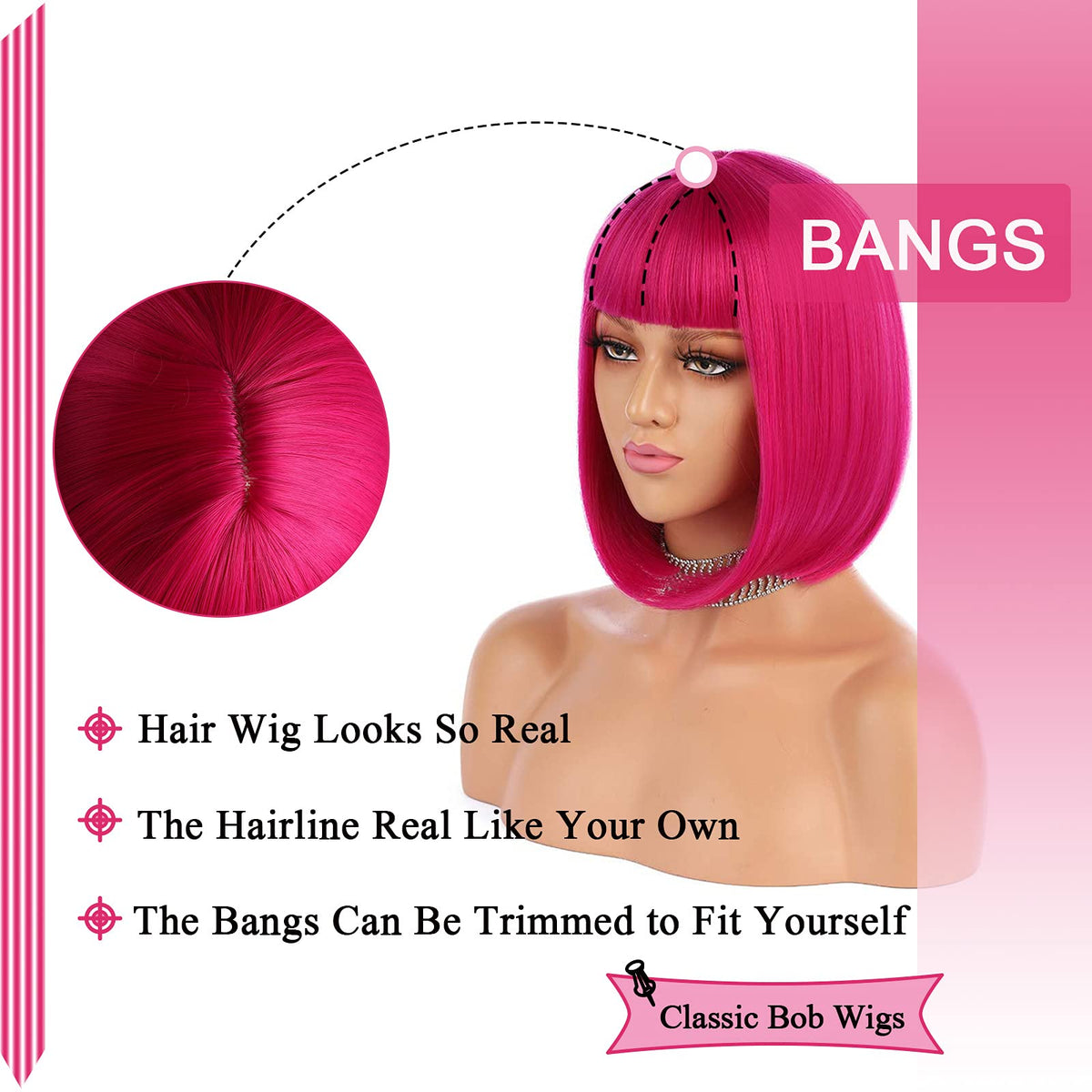eNilecor Rose Hot Pink 12-inch short bob wig heat-resistant fiber up to 130°C.