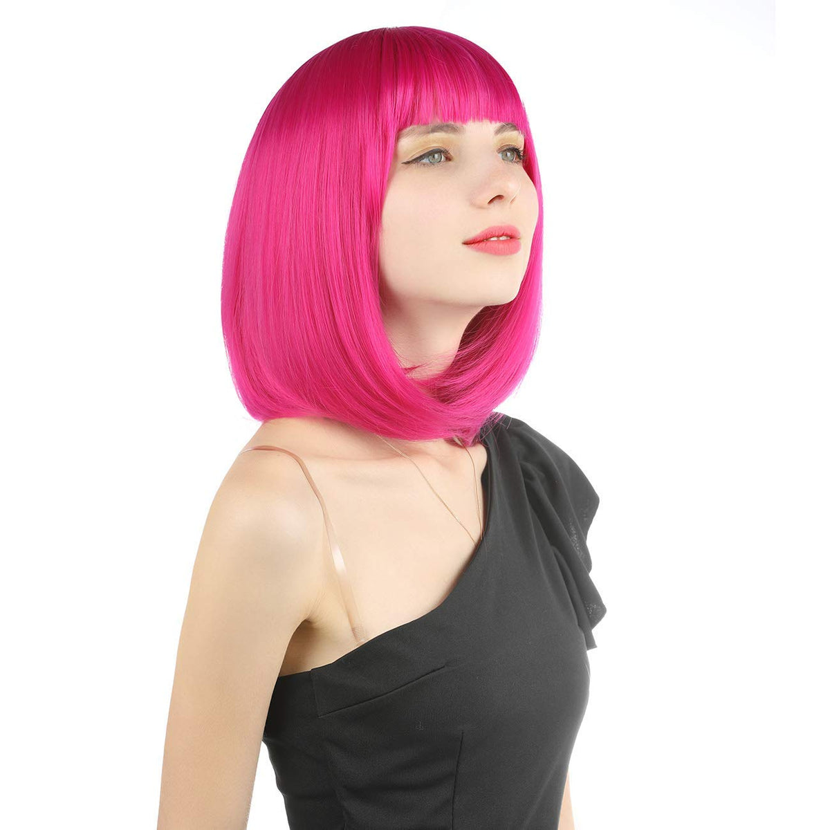 eNilecor Rose Hot Pink 12-inch short bob wig texture close-up showing soft fibers.