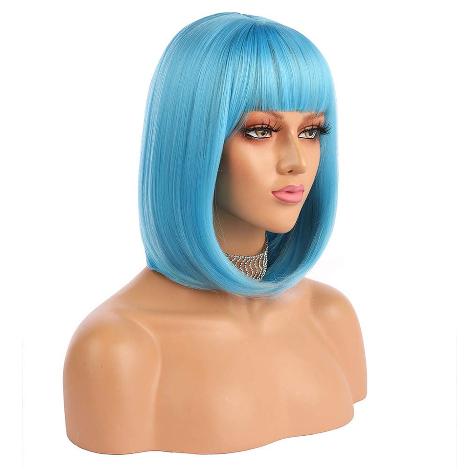 eNilecor short bob wig with blue flat bangs for a natural look and comfortable wear.