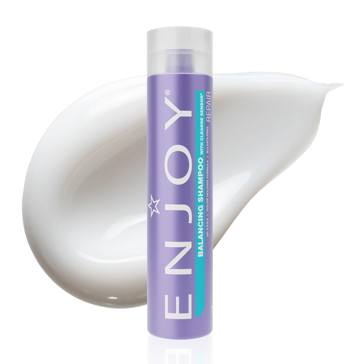 Enjoy Balance Shampoo bottle closeup showing a gentle sulfate-free cleanse for all hair types.