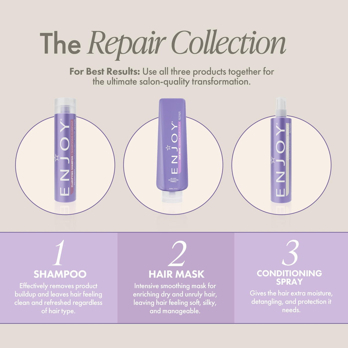 Enjoy Clarifying Shampoo reduces mineral buildup from chlorine for smoother hair.