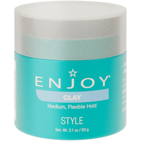 Enjoy Molding Clay bottle closeup showing medium hold for versatile daily styling.