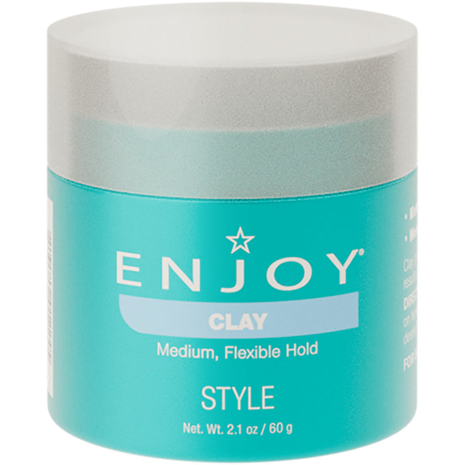 Enjoy Molding Clay bottle closeup showing medium hold for versatile daily styling.