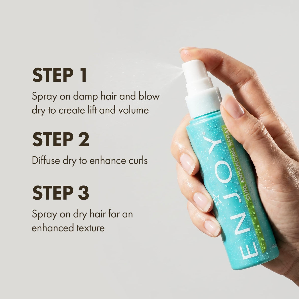 Enjoy Curl Enhancing Spray packaging 3-4 oz indicates premium quality.