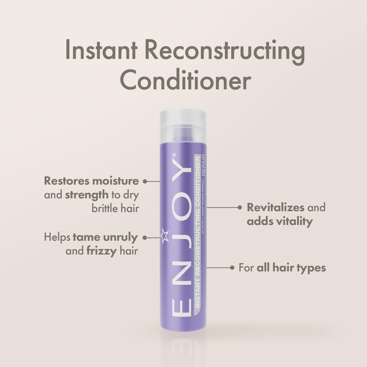 Enjoy Instant Reconstructing Conditioner label close-up highlighting keratin amino acids for strength.